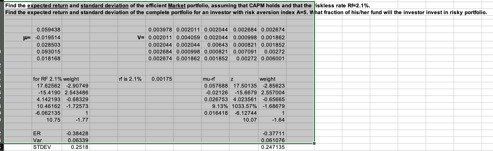 Find the expected return and standard deviation of the efficient Market