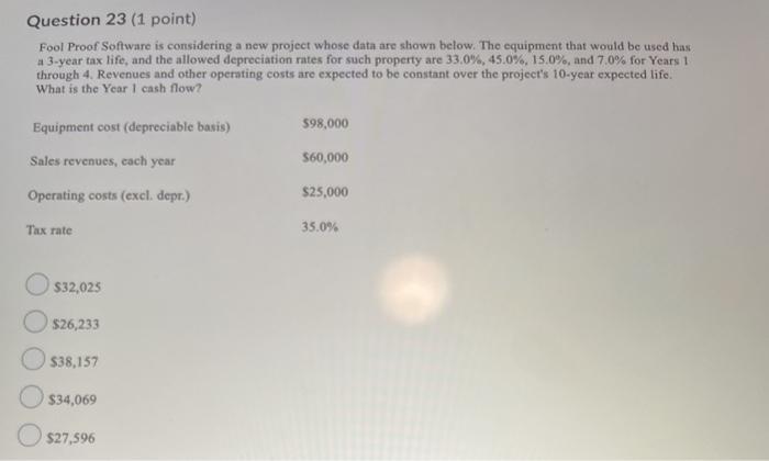  Question 23 (1 point) Fool Proof Software is considering a new