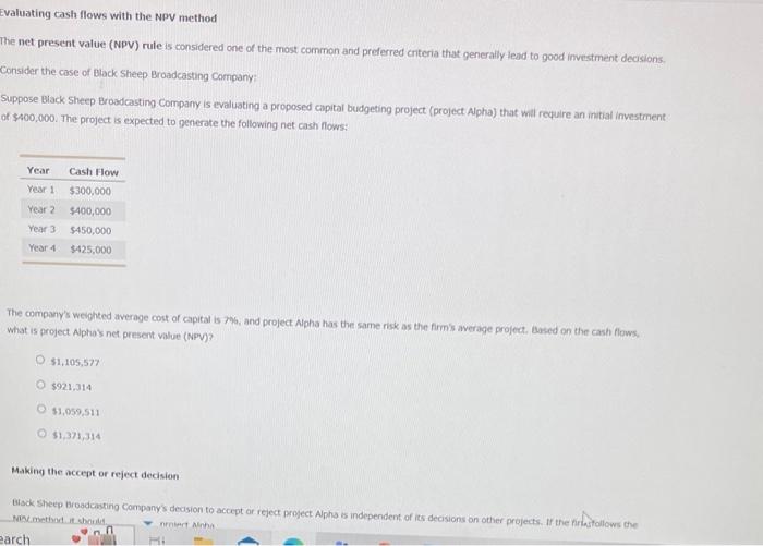  valuating cash flows with the NPV method the net present value