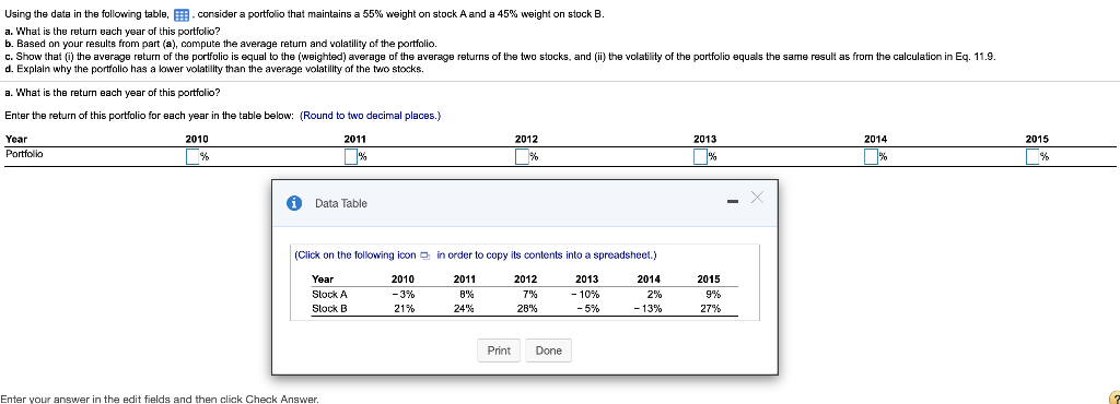 Using the data in the following table, consider a portfolio that