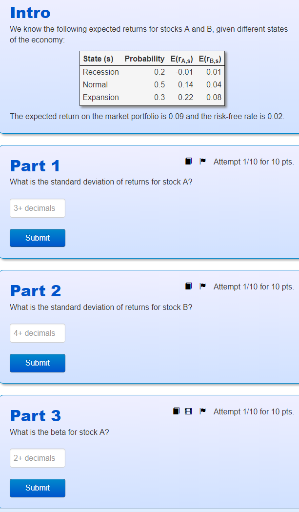 Intro We know the following expected returns for stocks A and