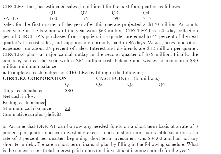 Please answer the questions ( not in excel) CIRCLEZ, Inc., has estimated
