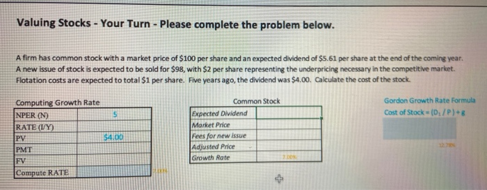  Valuing Stocks - Your Turn - Please complete the problem below.