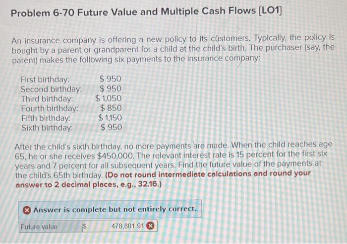  Problem 6-70 Future Value and Multiple Cash Flows (LO1] An insurance