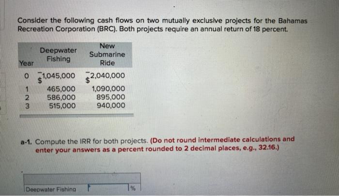  Consider the following cash flows on two mutually exclusive projects for