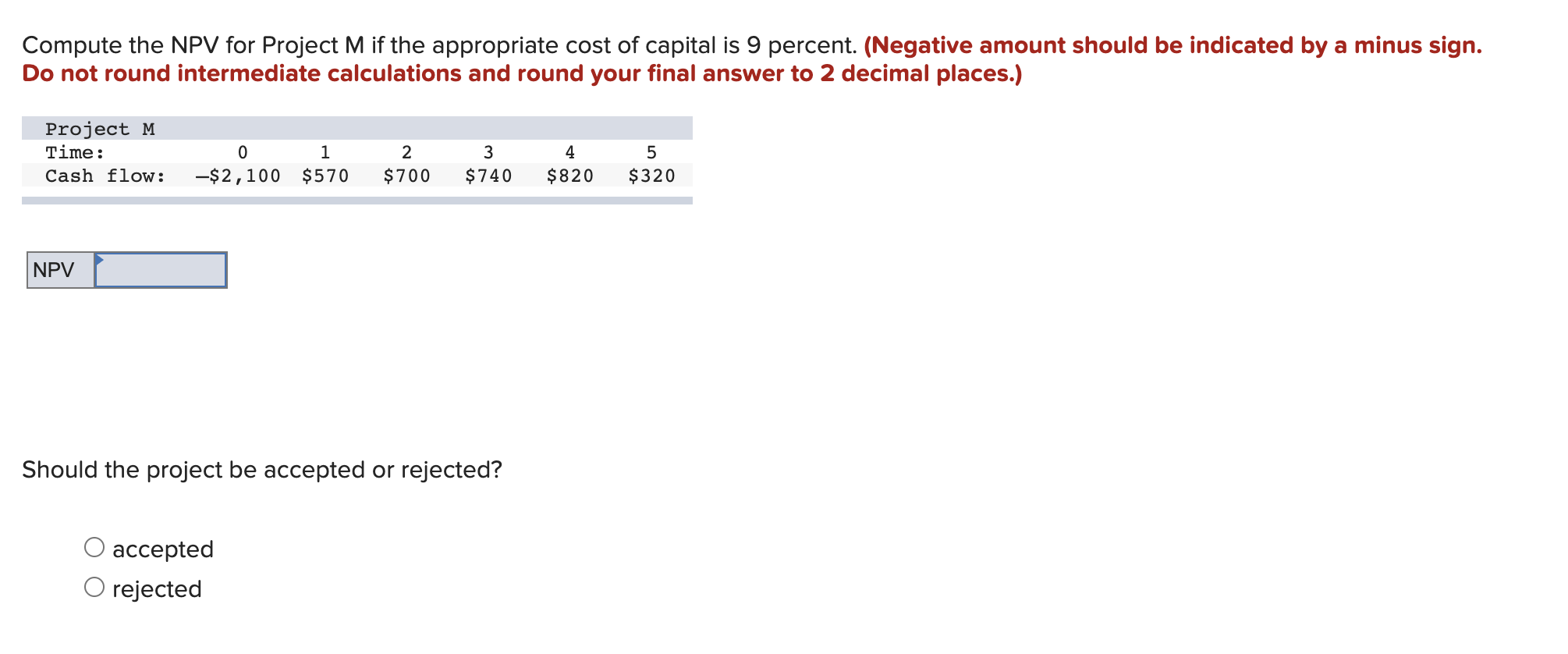 Compute the NPV for Project M if the appropriate cost of