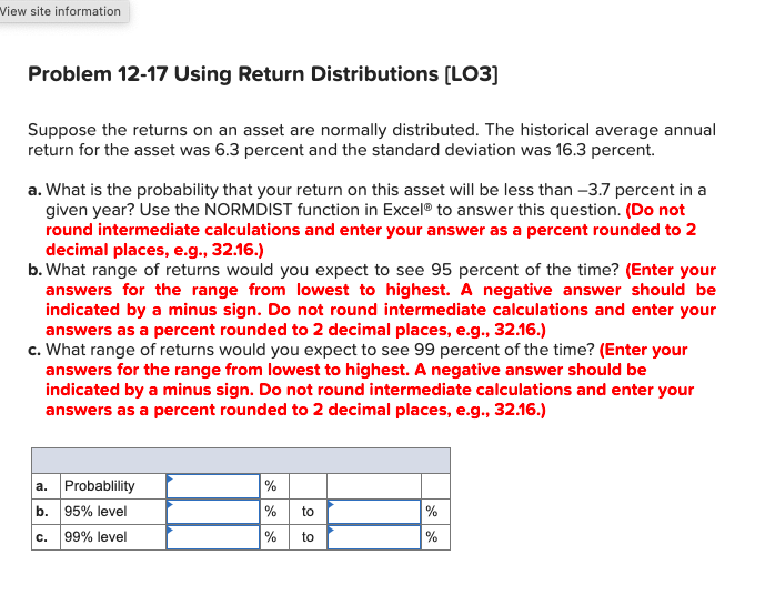  View site information Problem 12-17 Using Return Distributions (L03) Suppose the