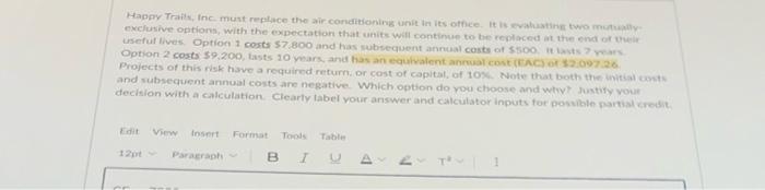  Hapny Trails Inc must replace the air conditioning unit in its
