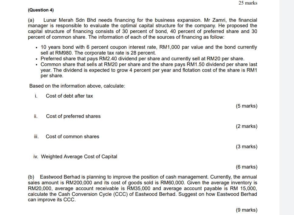  25 marks (Question 4) (a) Lunar Merah Sdn Bhd needs financing