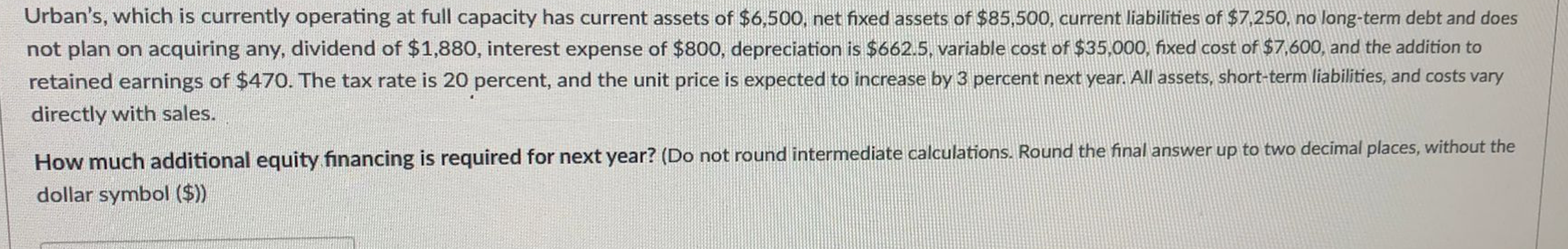  Urban's, which is currently operating at full capacity has current assets