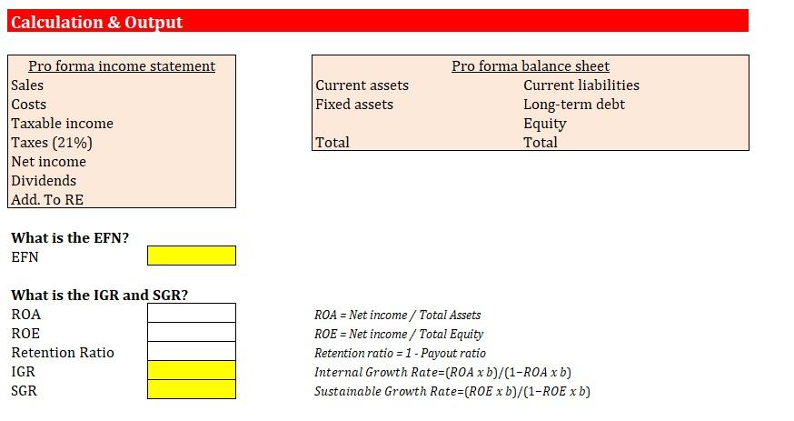 the sales growth rate. Calculation \& Output \begin{tabular}{|l|} \hline Pro forma income