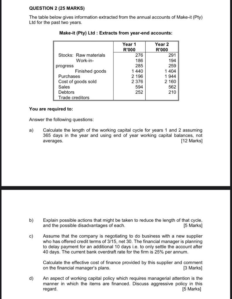 QUESTION 2 (25 MARKS) The table below gives information extracted from