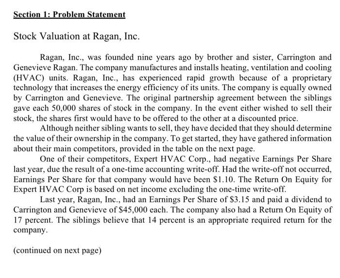  Section 1: Problem Statement Stock Valuation at Ragan, Inc. Ragan, Inc.,