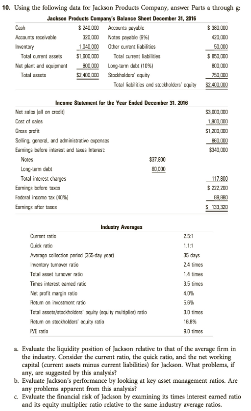  10. Using the following data for Jackson Products Company, answer Parts