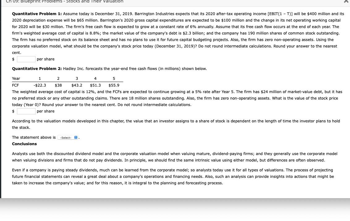 Ch 09: Blueprint Problems - Stocks and ineir valuation Quantitative Problem