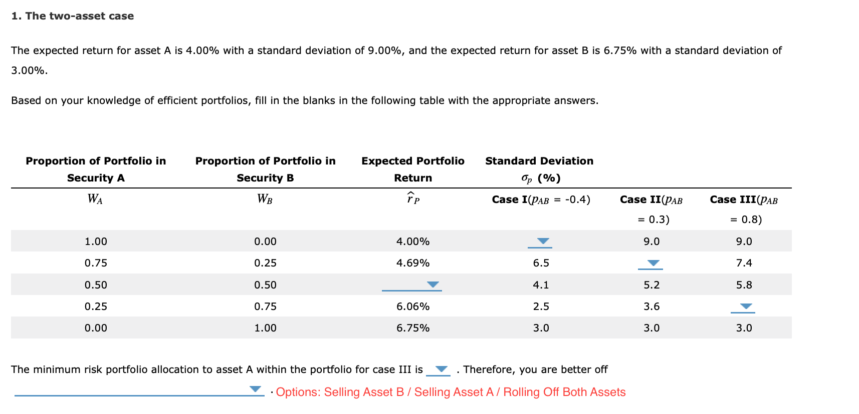  1. The two-asset case The expected return for asset A is