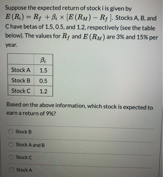  Suppose the expected return of stocki is given by E (Ri)