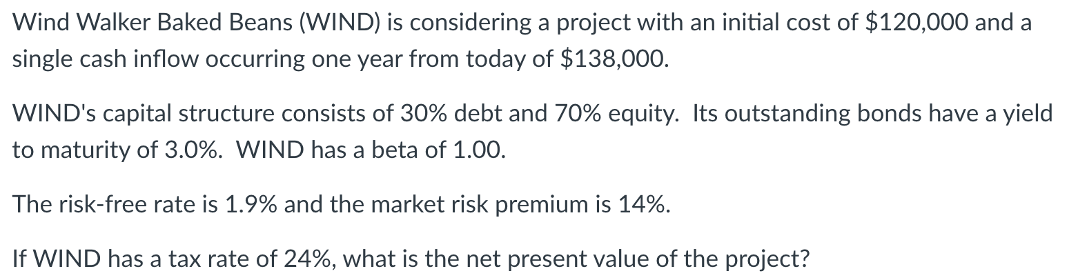  Wind Walker Baked Beans (WIND) is considering a project with an