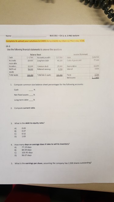 BUS 351 - Ch 3, 4, 5 PRE-lecture Complete & upload