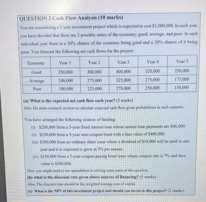  QUESTION 2 Cash Flow Analysis (10 marks) You are considering a