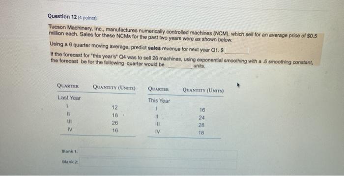  Question 12 (4 points) Tucson Machinery, Inc., manufactures numerically controlled machines
