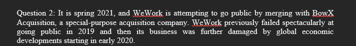 Question 2: It is spring 2021, and WeWork is attempting to