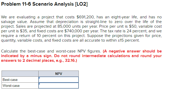  Problem 11-6 Scenario Analysis [LO2] We are evaluating a project that