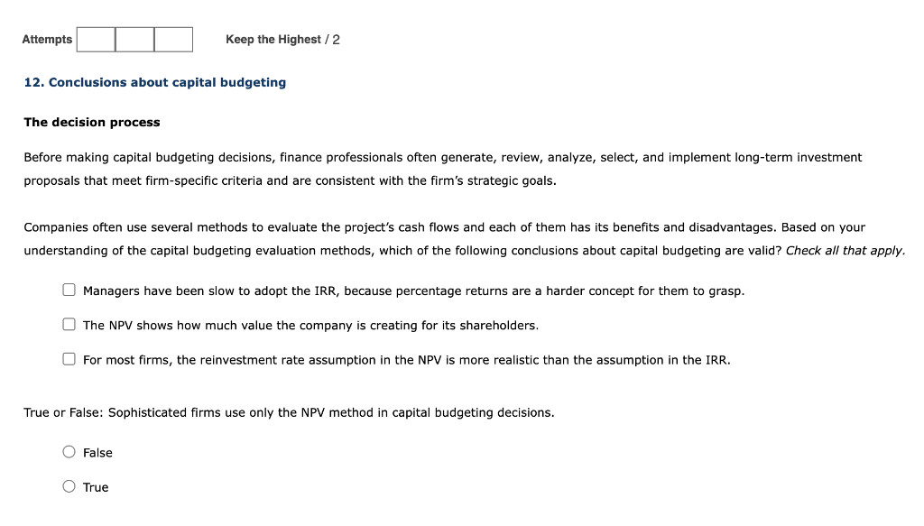  Attempts Keep the Highest / 2 12. Conclusions about capital budgeting