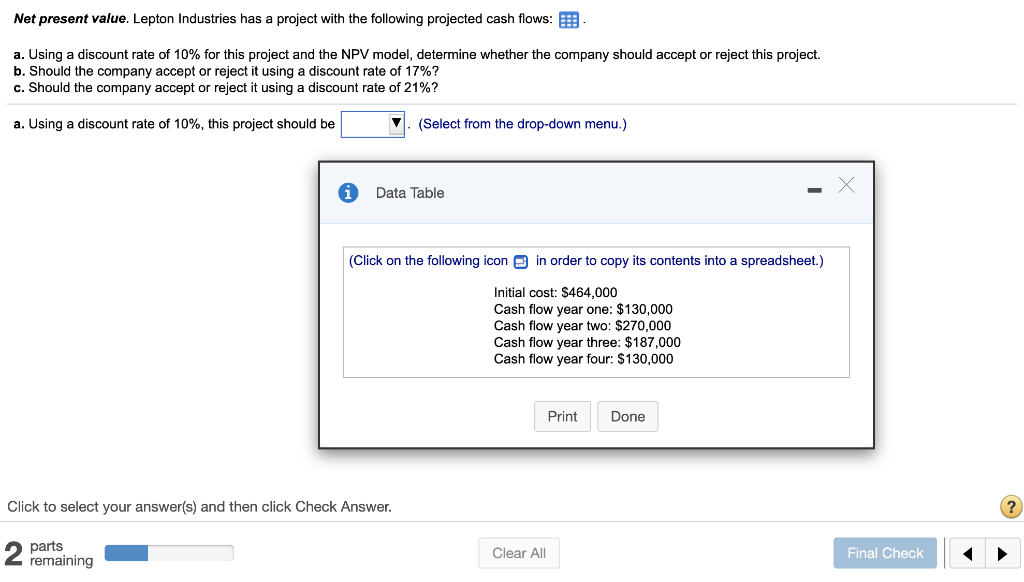 Net present value. Lepton Industries has a project with the following