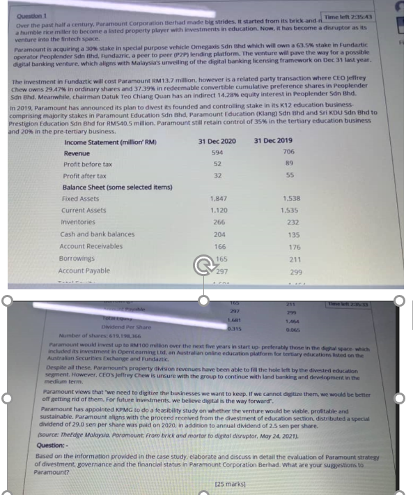 Question 1 Time left 2:35:43 Over the past half a century.