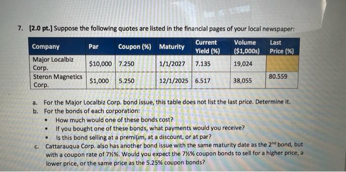 Solve using excel please show your work 7. (2.0 pt.) Suppose the