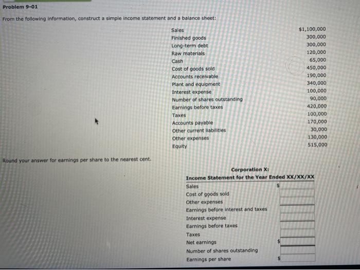  Problem 9-01 From the following information, construct a simple income statement