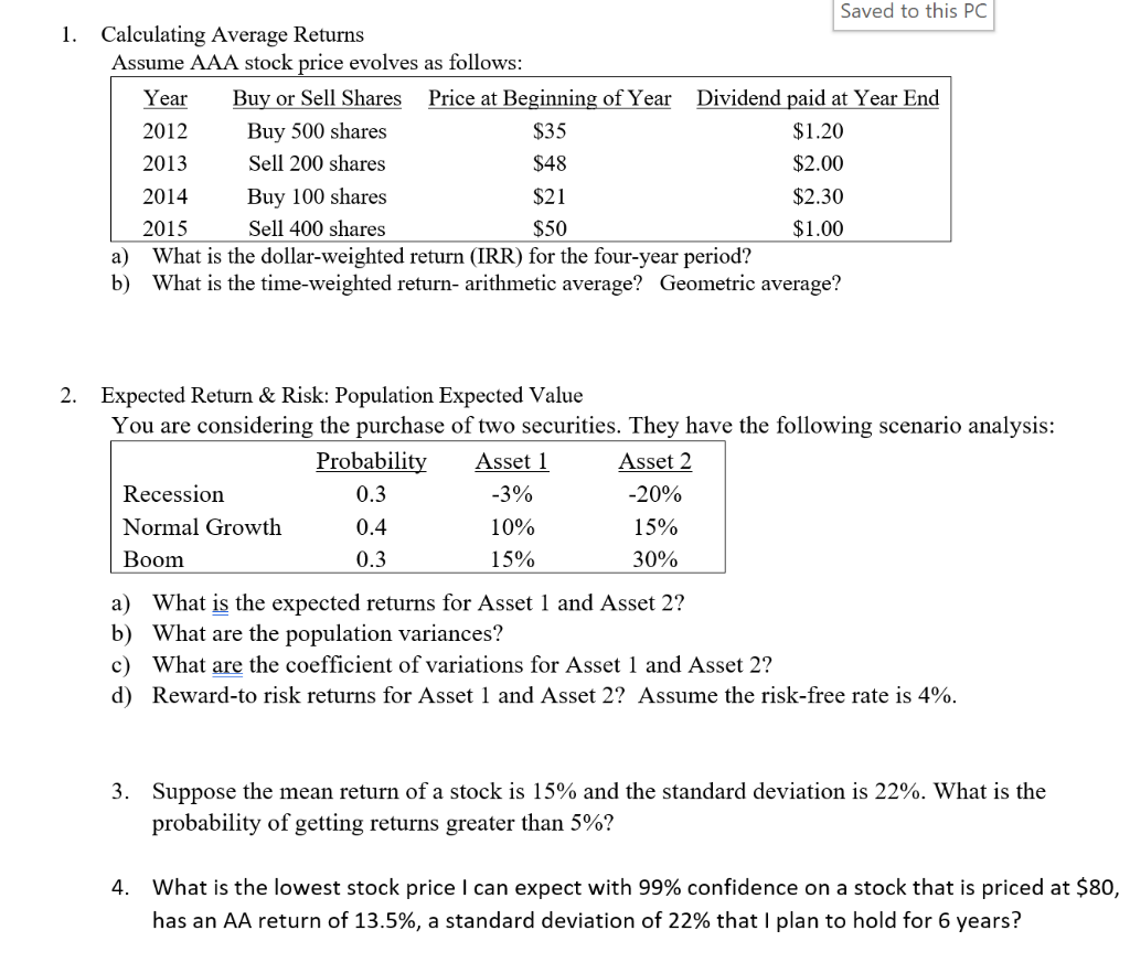  Saved to this PC 1. Calculating Average Returns Assume AAA stock