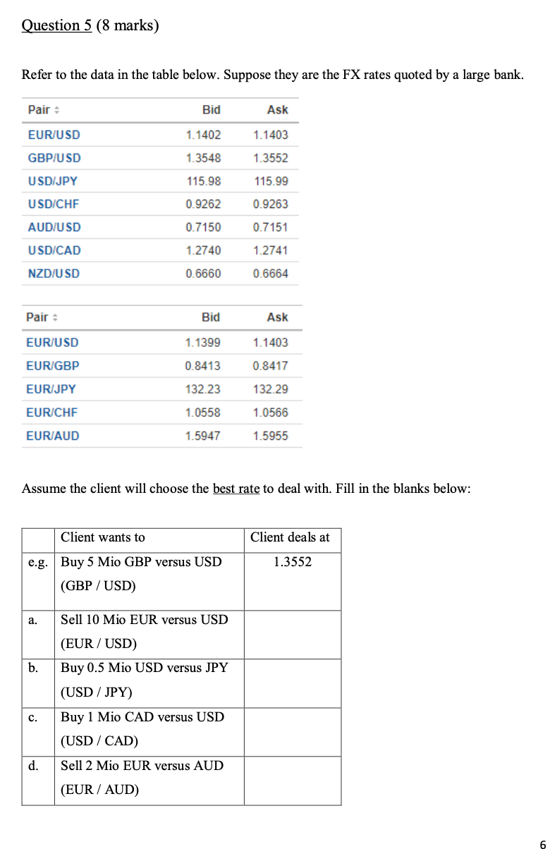 Question 5 (8 marks) Refer to the data in the table