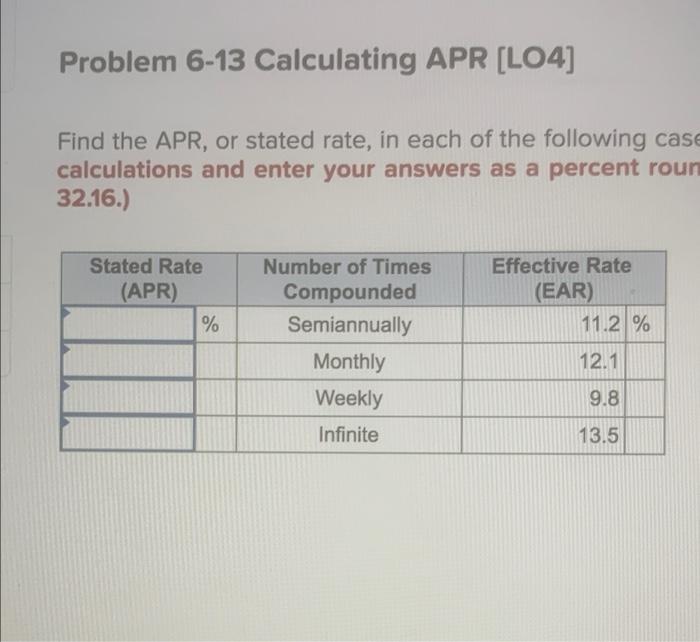  Problem 6-13 Calculating APR [LO4] Find the APR, or stated rate,