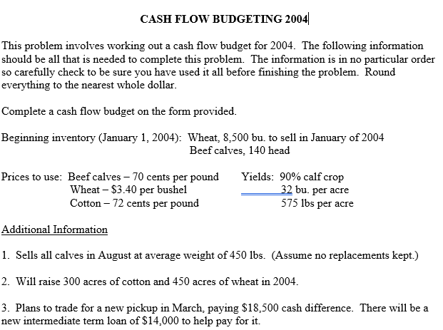 CASH FLOW BUDGETING 2004 This problem involves working out a cash