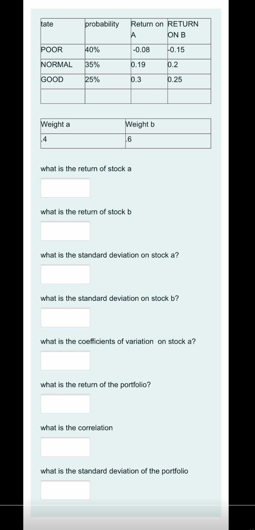  tate probability Return on RETURN A ON B POOR 40% -0.08