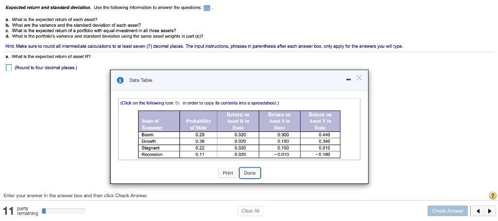 Expected return and standard deviation. Use the following information to answer