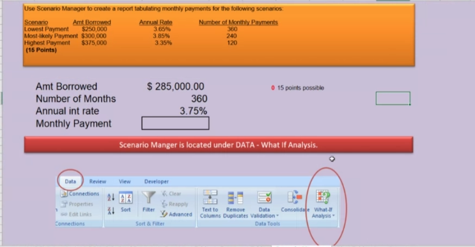  Use Scenario Manager to create a report tabulating monthly payments for