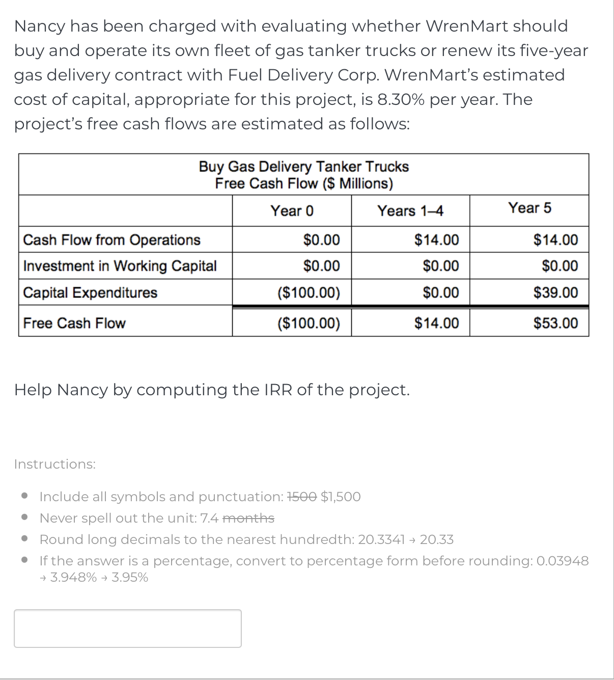 Nancy has been charged with evaluating whether WrenMart should buy and