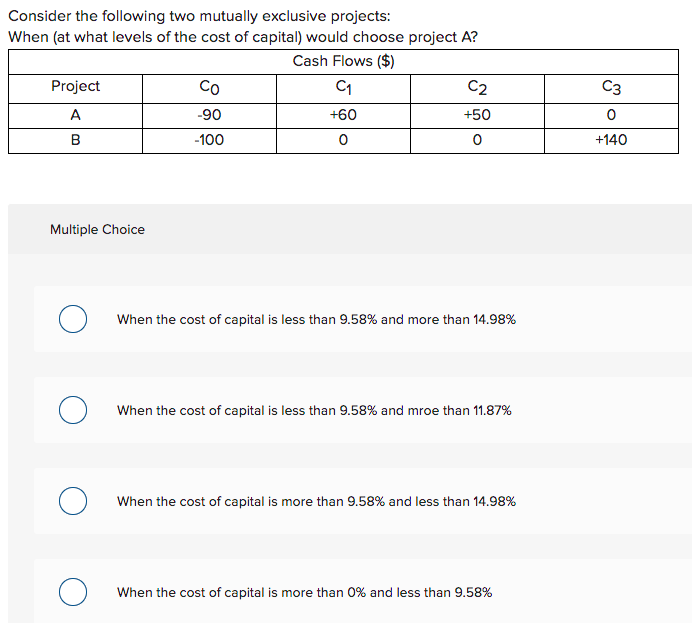  Thank you :) Consider the following two mutually exclusive projects: When
