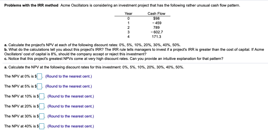 Problems with the IRR method Acme Oscillators is considering an investment