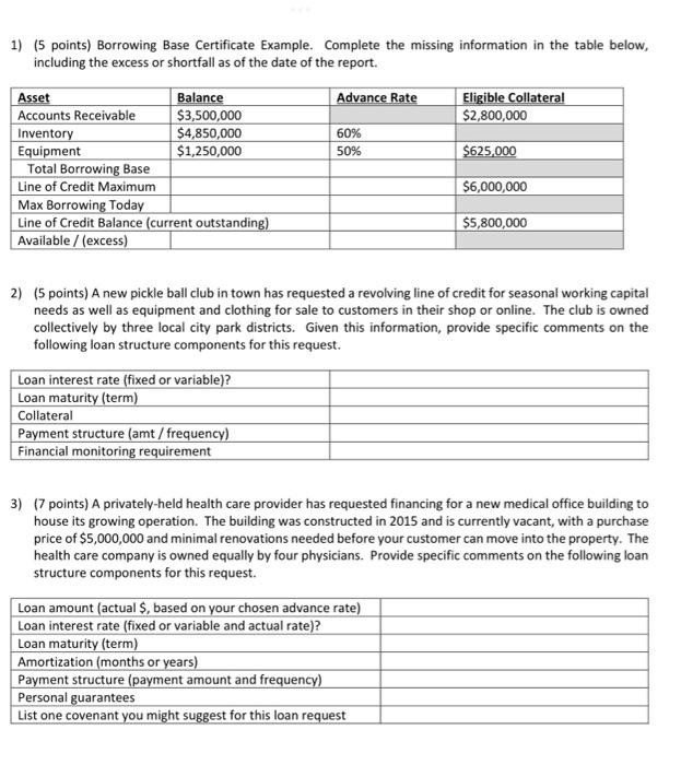  1) (5 points) Borrowing Base Certificate Example. Complete the missing information