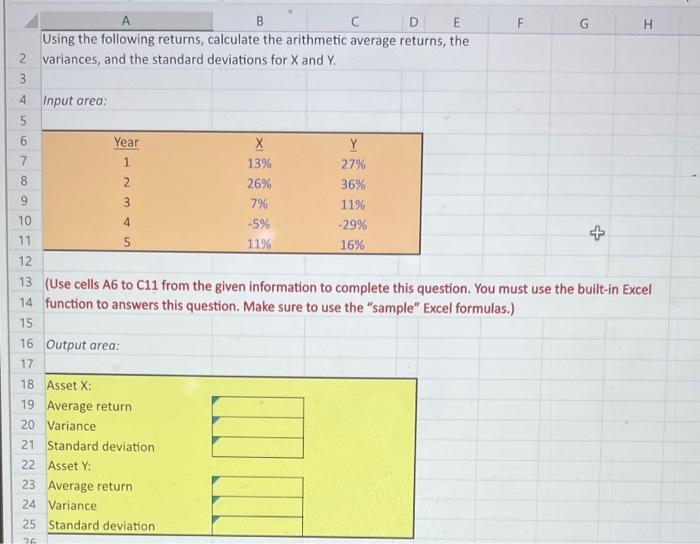 and the standard deviations for X and Y. Input area: (Use cells