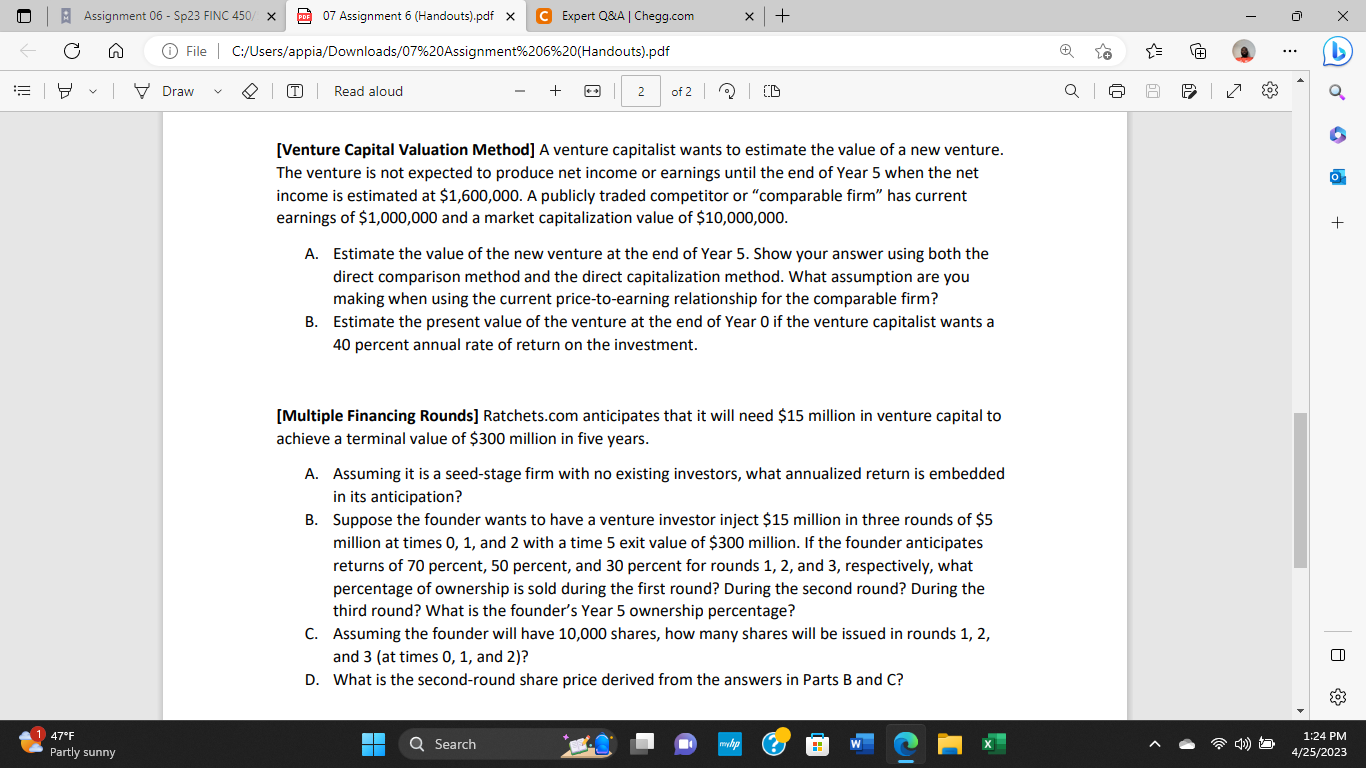  [Venture Capital Valuation Method] A venture capitalist wants to estimate the