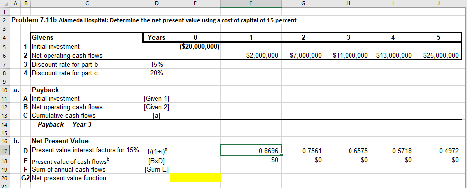 Please help fill out to determine the net present value using a