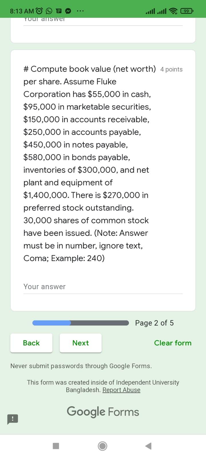 8:13 AM Your answer # Compute book value (net worth) 4