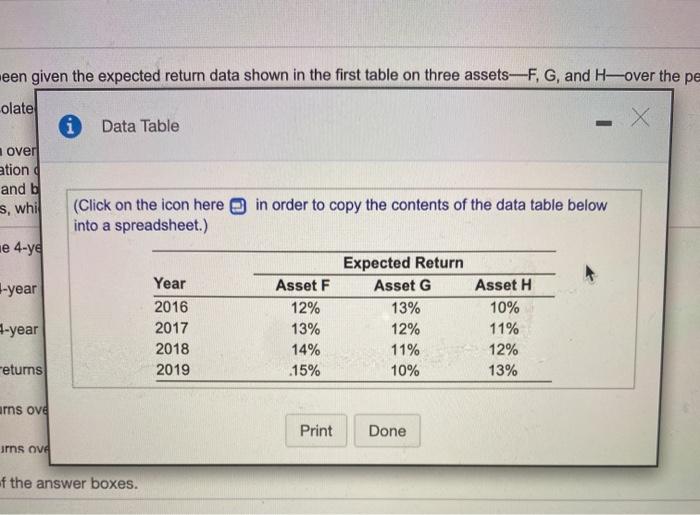 in the first table on three assets--F, G, and over the period