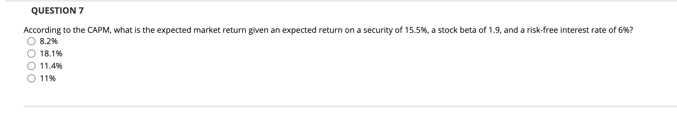 QUESTION 7 According to the CAPM, what is the expected market