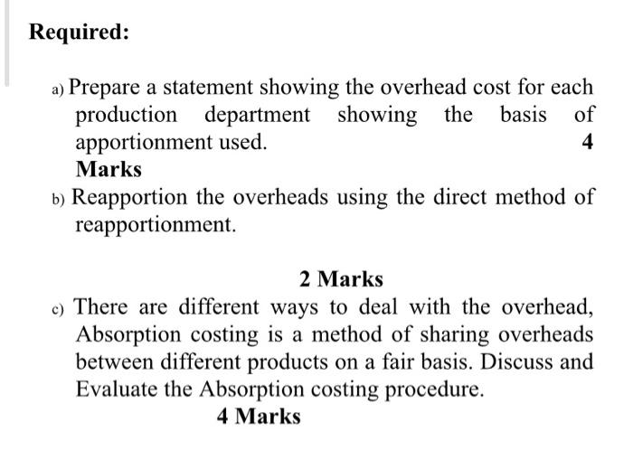 production department showing the the basis of apportionment used. 4 Marks b)